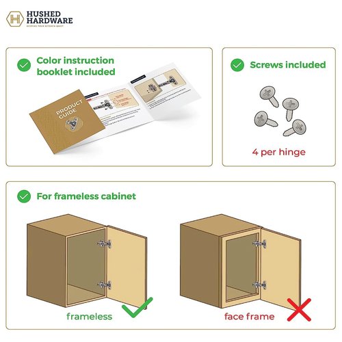 Hushed Hardware 4 Pack Frameless Full Overlay Adjustable Closing Speed Soft Close Cabinet Hinges. Premium Soft Close Hinges for Kitchen Cabinets. Self-Closing Door Hinges for Cabinet Door.