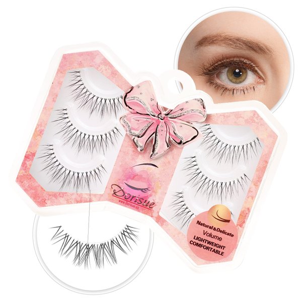 Dorisue Natural Lashes Round Shape with Eye-openning effect Criss crossed eyelashes with invisable strong band 3 pairs Set Q11