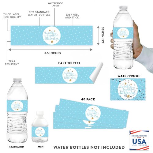 Andaz Press Twinkle Twinkle Little Star Baby Blue Baby Shower Collection, Water Bottle Labels, 20-Pack