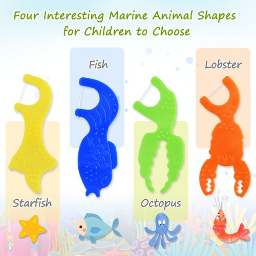 Dacon Kids Flossers, Kids Dental Floss Picks without Fluoride, Unflavored, 4 Colors Ocean Animals Shaped Makes Flossing Fun, 50 Count (Pack of 4)