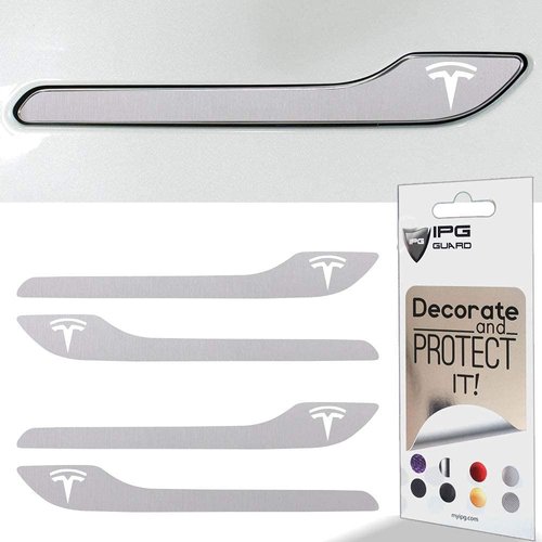 IPG for Tesla Model 3 / Model Y Door Handle Decal Sticker Wrap Kit (Set of 4) with Tesla Logo (Brushed Aluminum)