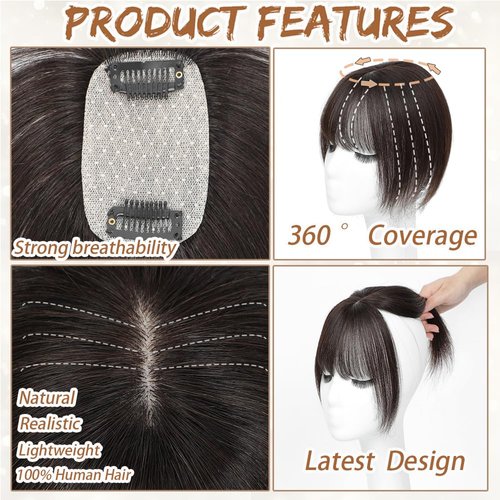 Amchoice Hair Toppers for Women Real Human Hair, Bangs Hair Clip 360° 3D Cover Wipsy Human Hair Topper with Bangs, Human Hair Toppers for Women Daily (Dark Brown)