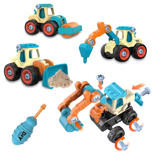 QULEWUU Take Apart Construction Toys, Drill, Roller, Bulldozer and Excavator Toys, Trucks for Kids Boys Girls Ages 3 4 5 6 7 8 Year Old, Educational STEM Toys Gift for Toddlers 3+