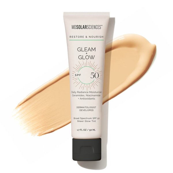 MDSolarSciences Gleam and Glow SPF 50 Tinted Face Moisturizer with Broad Spectrum UV Protection, Anti Aging Antioxidants, Sheer, Hydrating Face Sunscreen and Makeup Primer for Radiant Skin, 1.7 Fl Oz