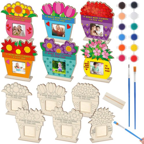 Vercraft 12 Sets Mother's Day Wood Picture Frame Craft for Kids Color Your Own Mother's Day Craft DIY Mother's Day Coloring Flower Picture Frame for Mother's Day Gift Classroom Tabletop Home Decor