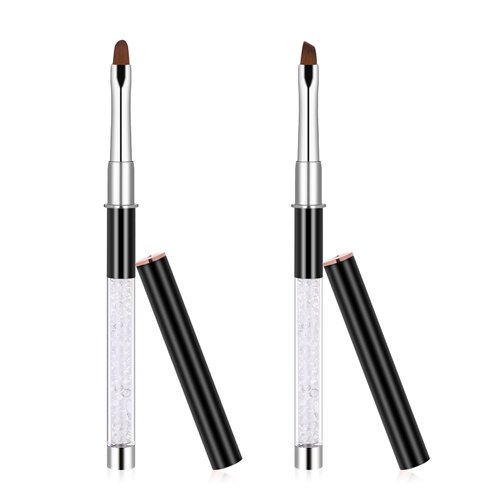 2Pcs Oval & Flat Gel Nail Brush Set Nail Art Clean Up Brushes Rhinestone Handle Professional Nail Art Design Brushes Painting Brushes for Nails with Round & Angled Head