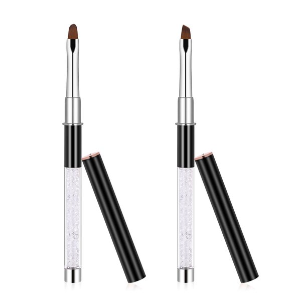 2Pcs Oval & Flat Gel Nail Brush Set Nail Art Clean Up Brushes Rhinestone Handle Professional Nail Art Design Brushes Painting Brushes for Nails with Round & Angled Head