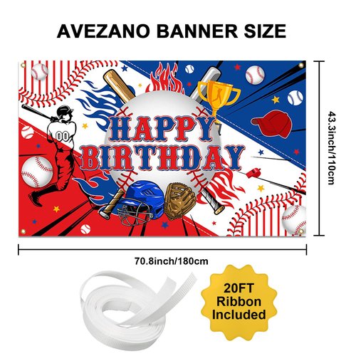 Avezano Baseball Happy Birthday Backdrop Banner Baseball Birthday Party Decorations Baseball Sports Themed Birthday Party Banner for Boys Kids Teens 70.8 x 43.3 Inch