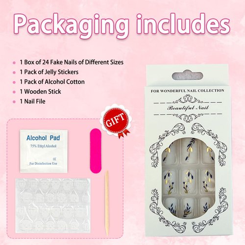 24Pcs Medium Fake Nails Square Press on Nails Flower False Nails White Acrylic Nails with Blue Gold Leaf Design Matte Full Cover Glue on Nails Spring Nail Art for Women Girl