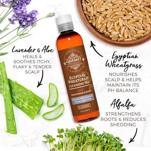 Qhemet Biologics Egyptian Wheatgrass Cleansing Tea - Sulfate-Free Shampoo for All Hair Types - Removes Buildup, Hydratres & Alleviates Itchy, Dry Scalp - Good for Damaged Hair & Shedding (8 oz)