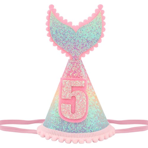 Vovii 5 years old Mermaid Tail Birthday Hat for Baby Girl Pink Sparkle Sequined Mermaid Tail Headband Princess Birthday Party Supplies