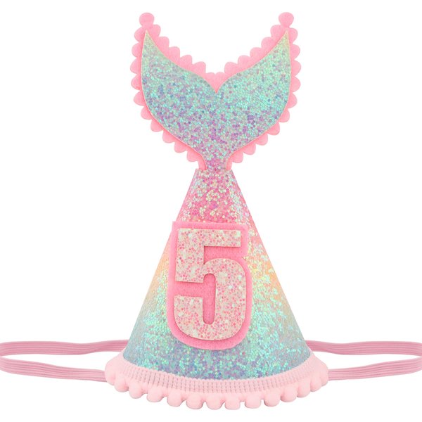 Vovii 5 years old Mermaid Tail Birthday Hat for Baby Girl Pink Sparkle Sequined Mermaid Tail Headband Princess Birthday Party Supplies