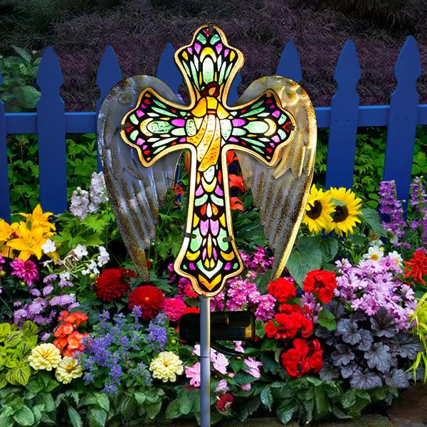 TEDOF Solar Glass Cross Stake Lights, Outdoor Garden Lights,Cemetery Decorations for Grave,Jesus Cross Angel Wings Memorial Gifts for Mother,Yard Lawn Garden Patio Christmas Decor