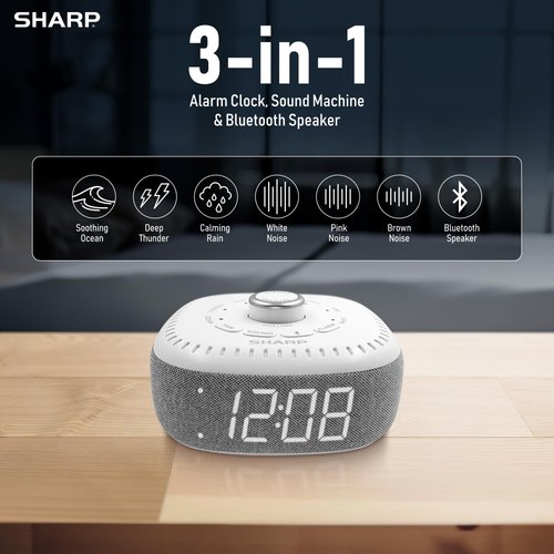 Sharp Sound Machine Alarm Clock with Bluetooth Speaker, 6 High Fidelity Sleep Soundtracks – Soothing Noise Machine for Baby, Adults, Home and Office – White LED