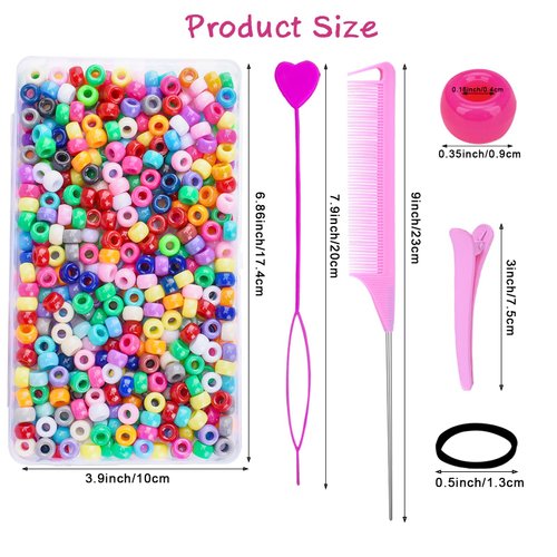 1008 Pcs Hair Beads Kit for Girls and Kids Hair Braids, 500Pcs 9x6mm Pony Beads, 500Pcs Mini Elastic Rubber Bands, 5Pcs Quick Beaders, 1Pcs Rattail Comb and 2Pcs Duckbill Clips