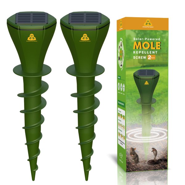 Mole Repellent Screw Solar Powered Outdoor Groundhog Deterrent Vibration Stakes Quiet Get Rid of Snake Vole Gopher Armadillo for Yard Lawns - No Noise Poison Kill Traps (Green 2pack)