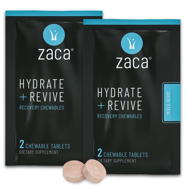 Zaca Recovery Chewable Supplement | Hydrate + Revive | Party, Travel, Exercise & Altitude | Non-Sugar & Non-Gluten | Mixed Berry, 2 Packs = 4 Tablets