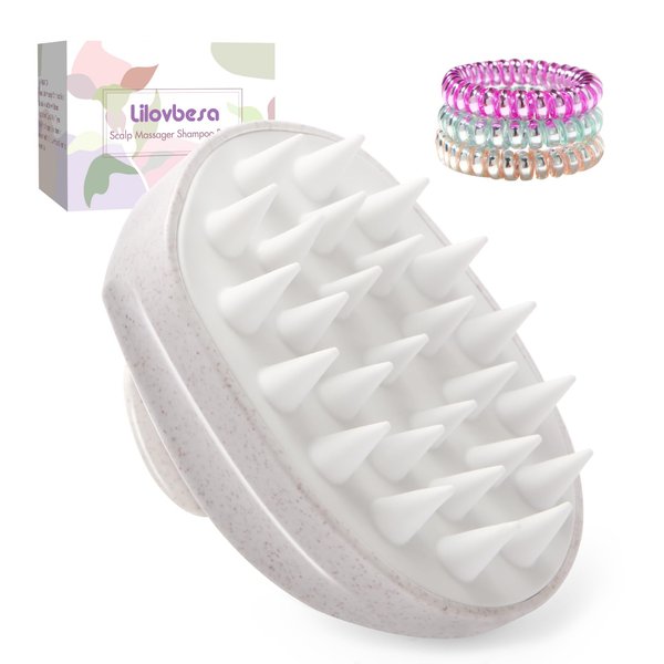 Lilovbesa Scalp Massager Shampoo Hair Brush, Scalp Scrubber Head Exfoliator Brush with Soft Silicone Bristles for Women Men Kids Pets Shower and Wet Dry Hair，Includes 3 Pcs Spiral Hair Ties(White)
