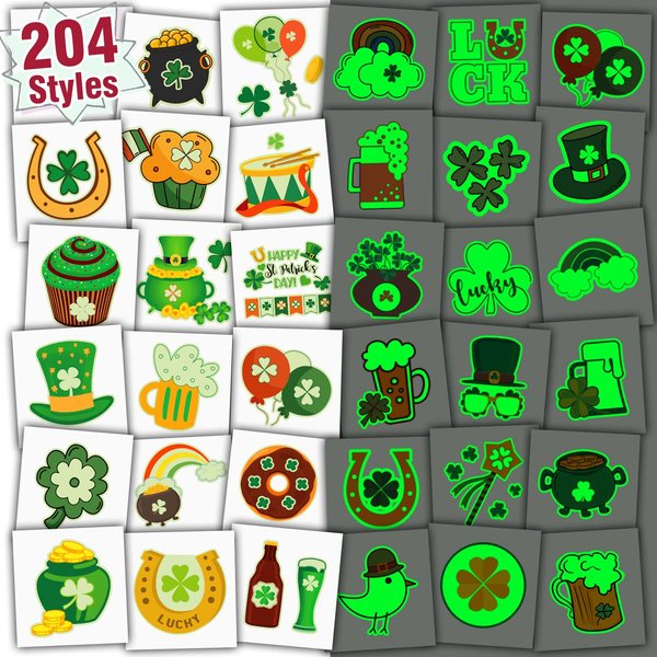 Partywind 204 Styles Glow St Patrick's Day Tattoos for Kids, Individually Wrapped Sheets Saint Patrick's Day Decorations for Party Supplies, Irish Shamrock Accessories Tattoo Stickers