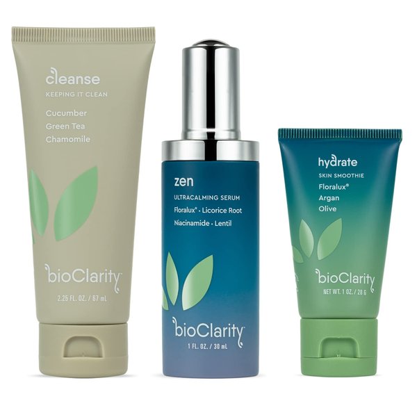 BioClarity 3-Step Ultra Calming Routine for Redness-Prone Skin | 100% Vegan | Gentle Clean and Hydrate Face | Contains Cucuber, Green Tea, Chamomile, Floralux, Vitamin B3, Lentil, Argan, Olive