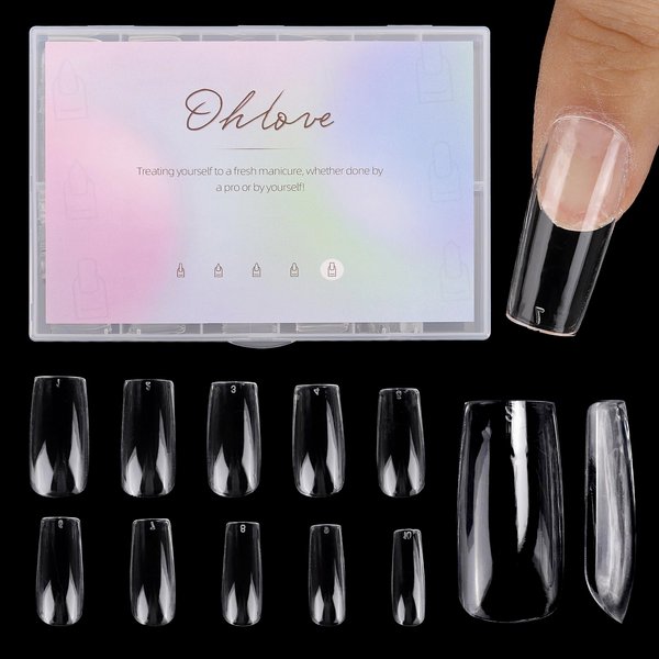 500Pcs Square Nail Tips Full Cover Clear Fake Nail Tips for Acrylic Nails, Size 1~10
