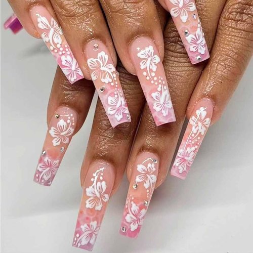Foccna Pink Press on Nails Long,Flower Fake Nails Square Bling Glossy Rhinestone False Nail Tips Artificial Nails for Women and Girls-24pcs