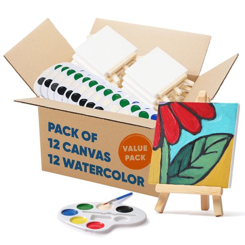 Mini Canvas and Easel Set with Mini Watercolor Paint in Bulk Set of 12 - Kids Art Party Favors & Party Supplies - 4x4" Small Canvases for Painting with Mini Easel - Water Colors Paint for Kids