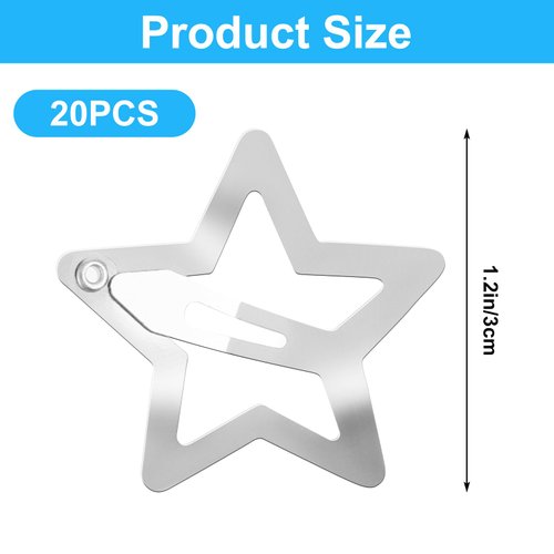 Qianyu 20 PCS 1.22" Star Hair Clips for Girls Non Slip Star Hair Barrettes Y2K Silver Metal Hair Accessories Kawaii Snap Kids Women Decoration Face Wash Clip Decoration