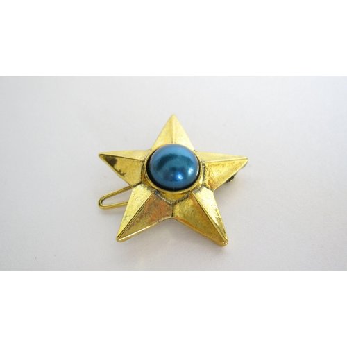 Small distressed vintage look gold and blue star hair clip barrette (set of two)