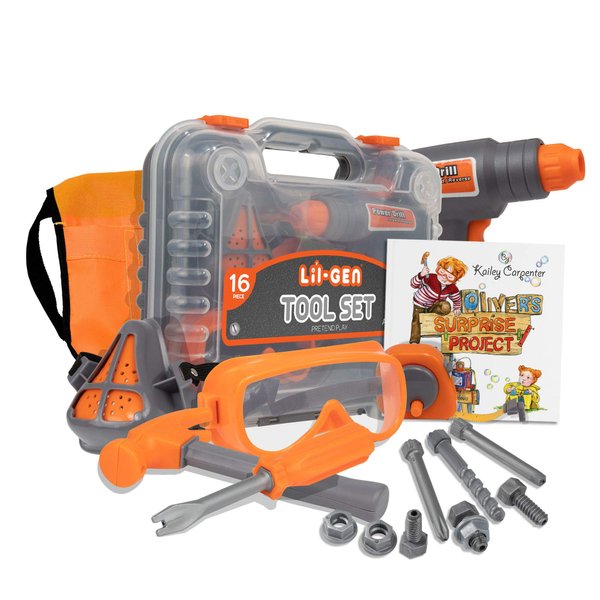 Li'l-Gen Kids Tool Set with Book, 16 Pieces Tools Plus Case - Includes Oliver's Surprise Project! Book Pretend Play Toys for Boys and Girls Age 3+