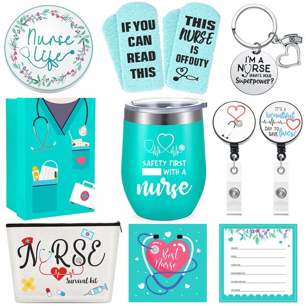 Coume Nurse Gift Box for Women 9 Pieces Nurse Appreciation Gift Set Nurses Customized Wine Tumbler Present Set Thank You Gift for Nursing School Graduation Gifts NICU Nurse Gifts (Mint)