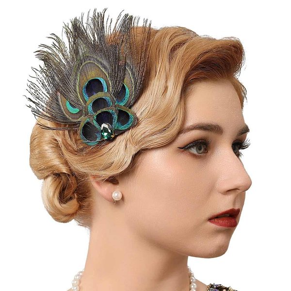 GENBREE 1920s Flapper Headband Peacock Feather Hair Clip Rhinestone Cocktail Hair Accessories for Women and Girls (Style 2)