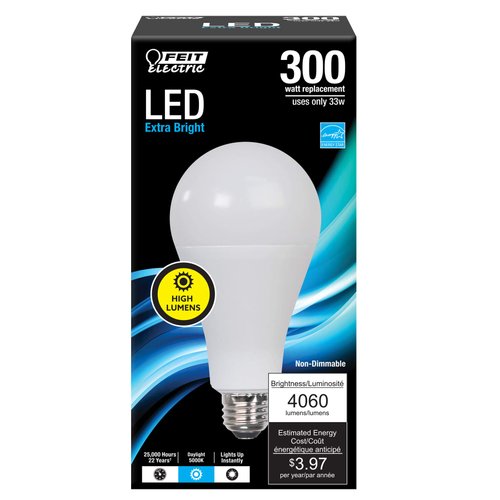 Feit Electric A23 LED Light Bulb, 300W Equivalent, Non-Dimmable, 4060 Lumens, E26 Standard Base, 5000k Daylight, 80 CRI, High Output LED Bulb, Damp Rated, 22 Year Lifetime, OM300/850/LED