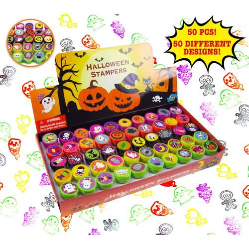 TINYMILLS 50 Pcs Halloween Stamps for Kids with 50 Different Designs Trick or Treat Stampers Bulk Halloween Party Favors for Kids, Game Prizes, Halloween Stampers for Kids, Non Candy Treats