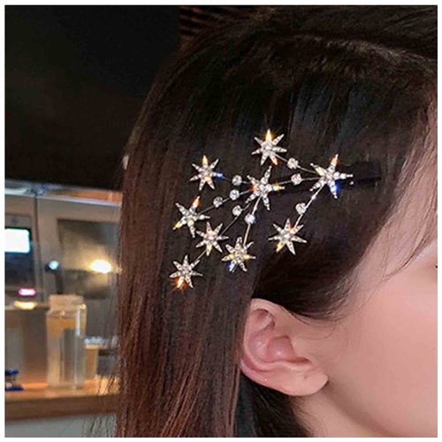 Yheakne Crystal Star Hair Clip Barrette Silver Rhinestone Hair Barrette Bling Cluster Star Hair Pin Headpieces Decorative Hair Pin Head Clip Branch Crystal Hair Pins Headwear Bride Hair Accessories for Women and Girls (Silver)