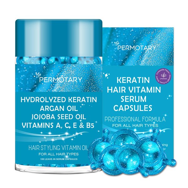 Permotary 100Pcs Hair Vitamin Serum Capsule, Hair Treatment Serum Oil, No Rinse Conditioner with Moroccan Macadamia Avocado Oils, Vitamins A C E Pro B5 for Frizzy Dry & Damaged Hair