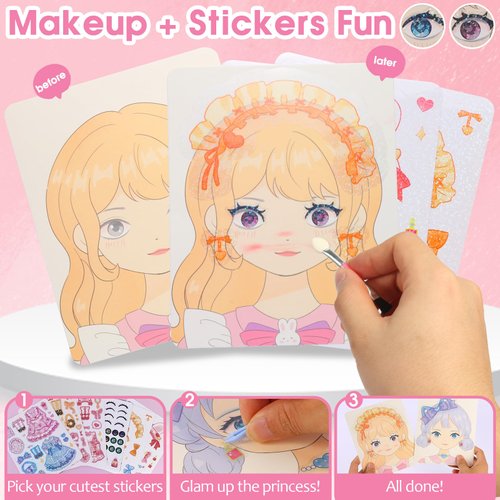 7 in 1 Princess Dress Up Game Set, Foil Art & Diamond Painting, Princess Makeup with Dress Up Sticker, Poke in Art Princess, Watercolor Painting, Art Craft Kit Gift for Kids Ages 4 5 6 7 8 9+ Year Old