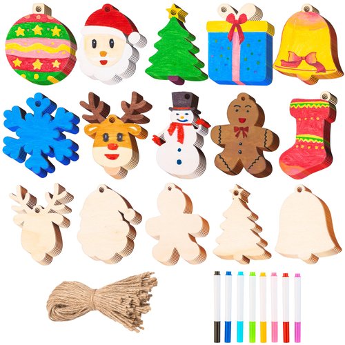 JOYIN 100 Pcs Christmas Wooden Ornaments Crafts to Paint, Unfinished Wood Painting Kits with 8 Watercolor Pens for Kids, Make Your Own DIY Hanging Ornament for Xmas Tree Decor Party Supplies(Age 8+)