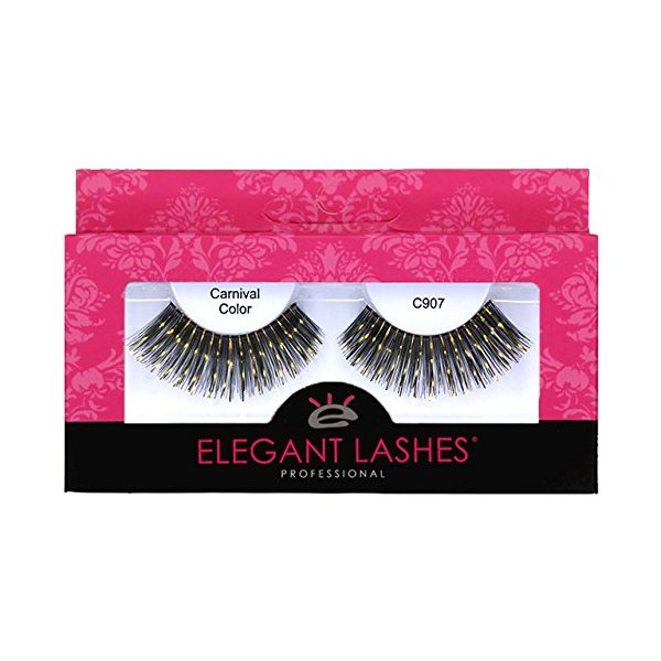 Elegant Lashes C907 "Cleopatra" Premium Black & Gold Metallic Foil Color False Eyelashes for Halloween Dance Rave Costume