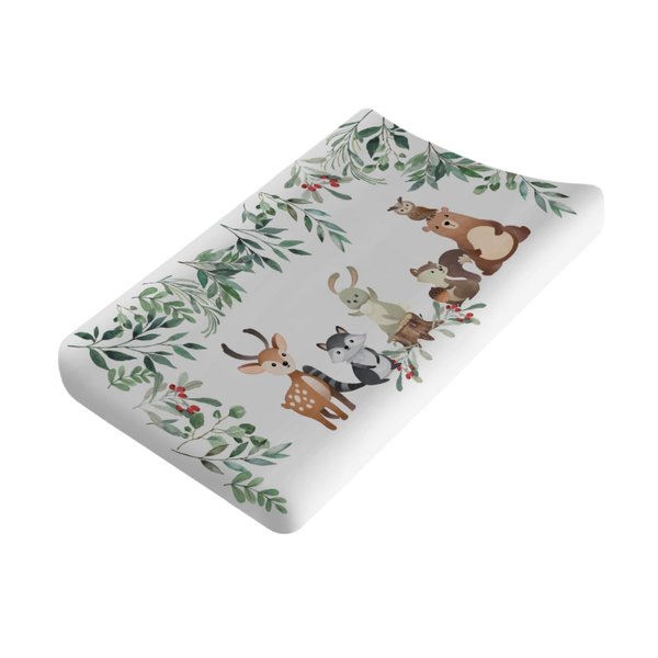 Baby Woodland Animals Green Leaves Changing Pad Cover Diaper Bear Deer Owl Bunny Raccoon Squirrel Boho Leaf Changing Table Sheets for Boys Girls Soft Stretch Baby Diaper Changing Mats 32''x16''