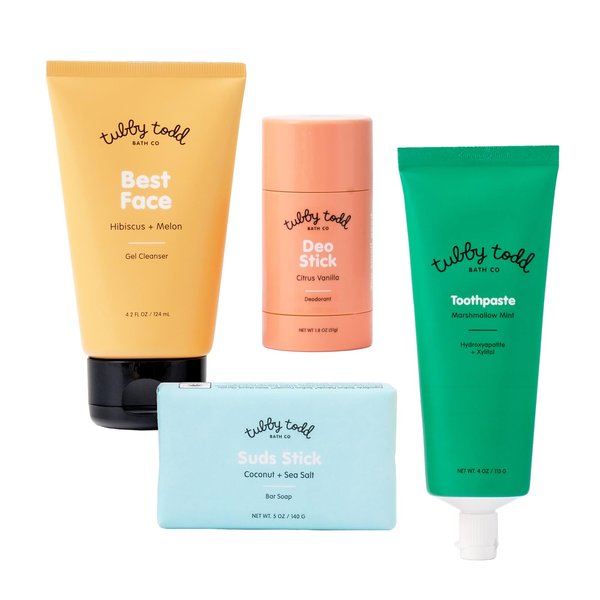 Tubby Todd Kids Sensitive Skincare Routine - The Kickstart Bundle - Gentle Bar Soap, Face Wash, Deodorant, Kids Toothpaste with Hydroxyapetite - Standard Size Scented