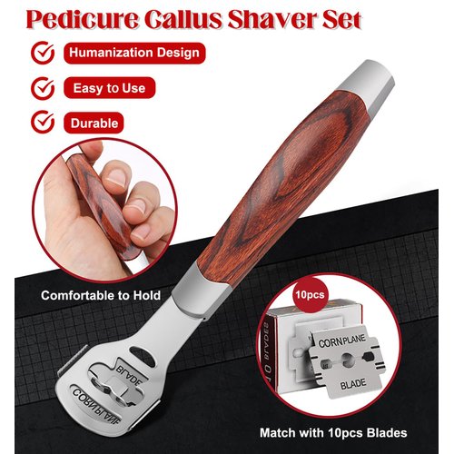 14Pack Pedicure Callus Shaver Set - Stainless Steel Foot File Callus Remover with 10pcs Blades and Wood Handle, Professional Heel Scraper Foot File for Feet Care and Dead Skin