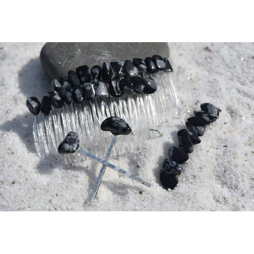 Snowflake Obsidian Stone Hair Clip Set - Includes 2 Hair Combs, 1 60 mm French Barrette, 2 Hair Pins