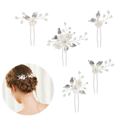 Bridal Hair Pins, Elegant Pearl Hair Pins Wedding Hair Grips, Flower ​Rhinestone Hairpin for Bridal Bridesmaid, Hair Accessories for Women Girls, Wedding and Ball (Pack of 5)