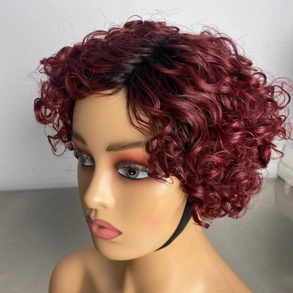 Iianaebeh Short Curly Human Hair Wigs for Black Women, Side Part Wig, Pixie Cut Brazilian Remy Human Hair, Deep Curly None Lace Front Ombre Blonde Wigs (T99j)