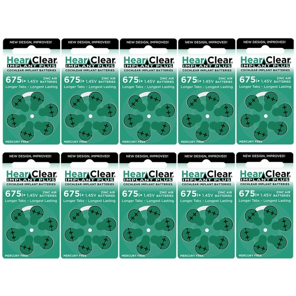 Hear Clear Size 675P Cochlear Implant Hearing Aid Batteries Green Tab (60 Batteries)