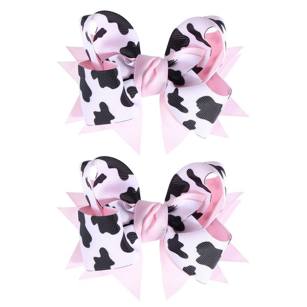 Cow Pattern Hairbow Clips for Girls Cute Holstein Moo Cow Alligator Barrettes Pigtail Pins,Kids Pink Barnyard Farm Animal Birthday Party Outfit Halloween Costume Decor Accessory Gift