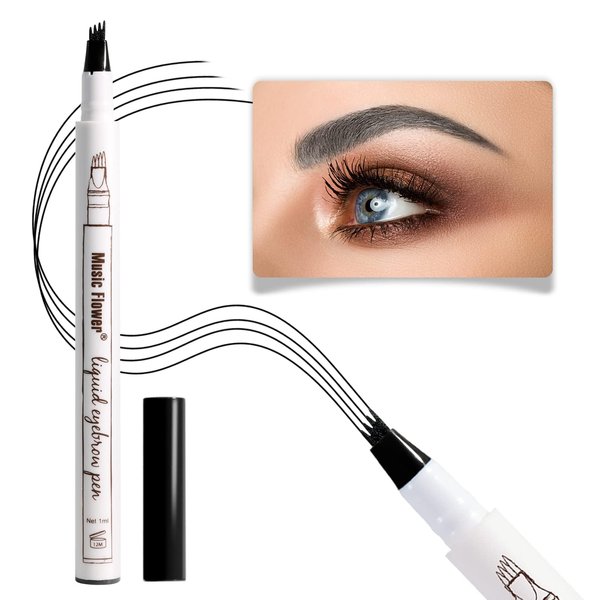 Music Flower Eyebrow Pencil - Waterproof Micro-Fork Tip Brow Pen for Long Lasting Fine Sketch - Liquid Eyebrow Pen, Smudgeproof (black)
