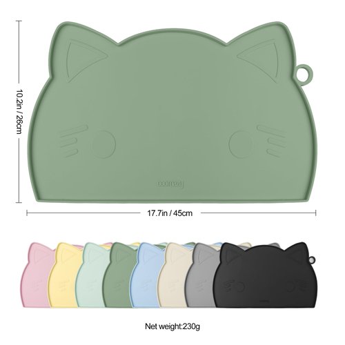 Coomazy Cute Kitty Puppy Face Silicone Cat Dog Feeding Mat for Food Bowls and Water Drinking Fountain Tray (Avocado, Medium KittyFace)