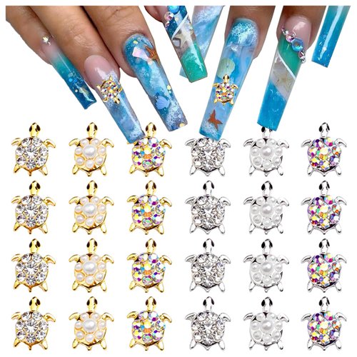 Turtle Nail Charms for Acrylic Nails,24PCS Cute Gold Sliver Metal Nail Rhinestones Decoration , Nail Gems Diamonds Y2K Accessories for Nail Art Supplies Manicure Craft DIY BBATT-HAPPY